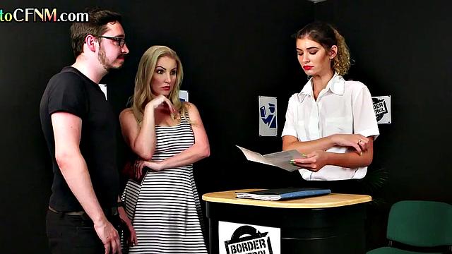 CFNM border control lady sucks hubby with her in 3some