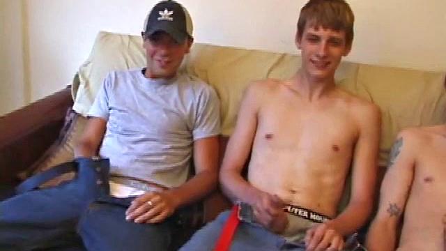 Vincenzo, Skylerr, and Shane snuggle on the sofa. Both Shane and Vincenzo turned on by dumping loads over Skylerr