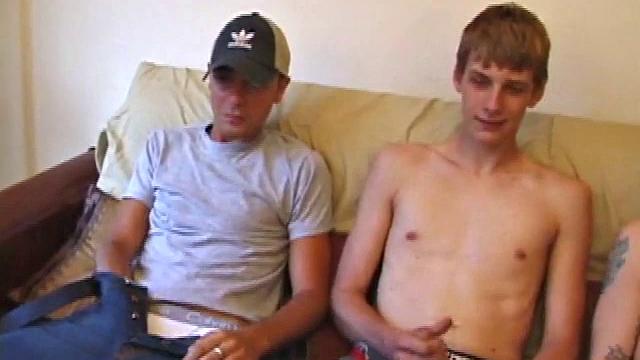 Vincenzo, Skylerr, and Shane snuggle on the sofa. Both Shane and Vincenzo turned on by dumping loads over Skylerr