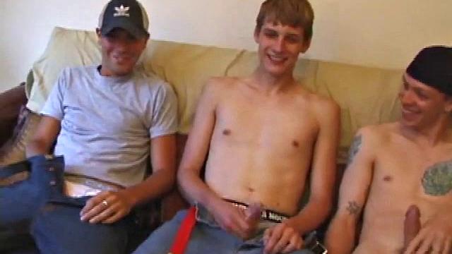 Vincenzo, Skylerr, and Shane snuggle on the sofa. Both Shane and Vincenzo turned on by dumping loads over Skylerr