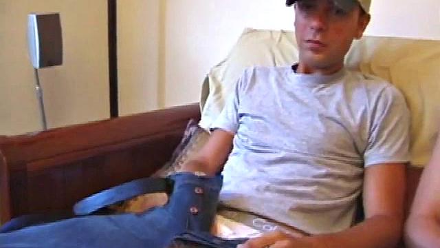 Vincenzo, Skylerr, and Shane snuggle on the sofa. Both Shane and Vincenzo turned on by dumping loads over Skylerr