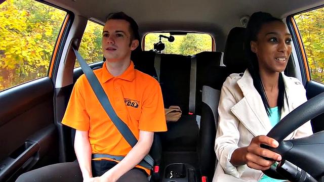Public ebony driving student gets banged in the backseat