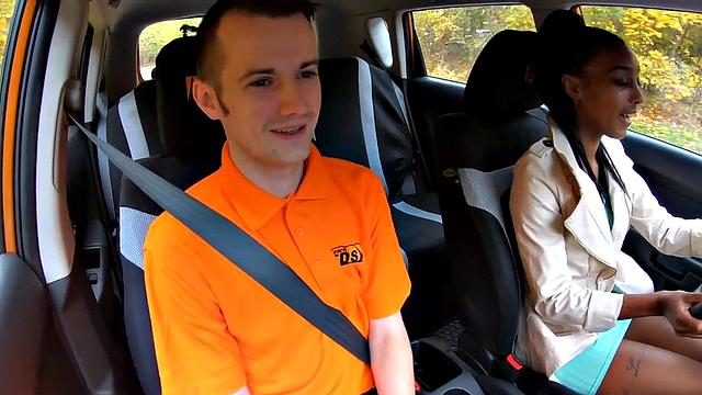 Public ebony driving student gets banged in the backseat