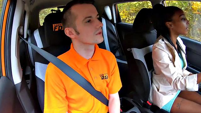 Public ebony driving student gets banged in the backseat