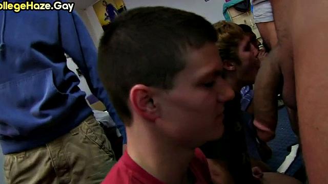 College guys fucked in fraternity orgy in dormitory.