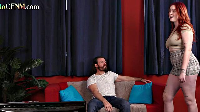 Curvy CFNM redhead hosts a jerking circle