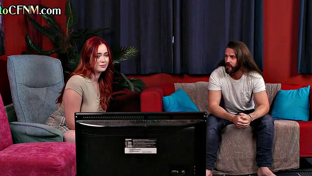 Curvy CFNM redhead hosts a jerking circle