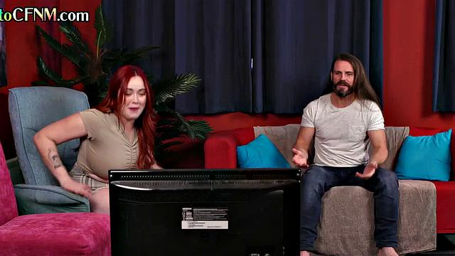 Curvy CFNM redhead hosts a jerking circle