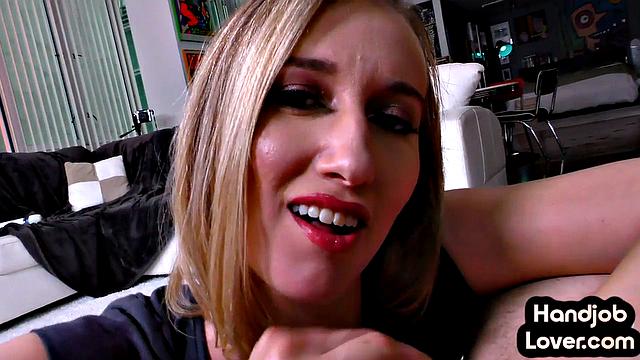 Blonde lingerie babe jerking off BF's dick