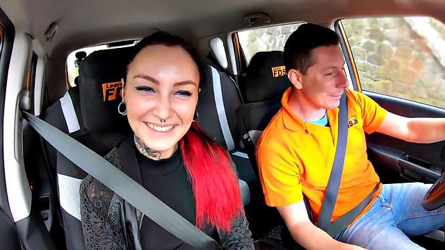 Inked petite driving babe doggystyled by instructor