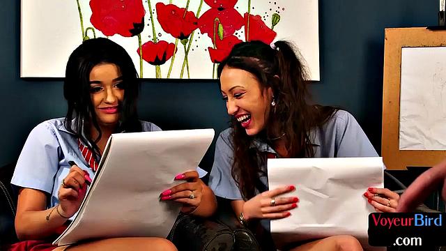 CFNM voyeur gals in college uniform tease guy wanking cock