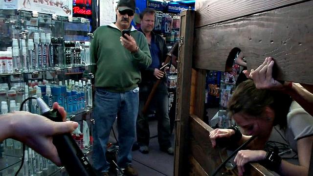 Scandalous gangbang slut fucked for voyeur audience