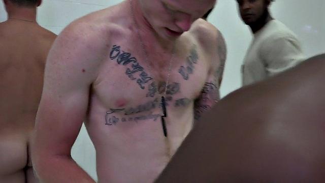 Black navy bottom fucked in shower orgy on military command