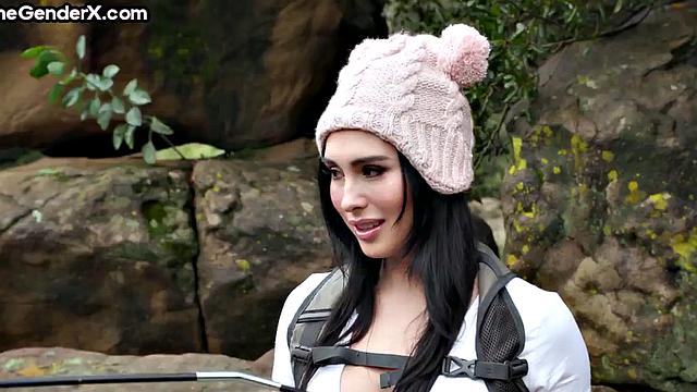 Stunning TS babe riding cock in tent after blowjob