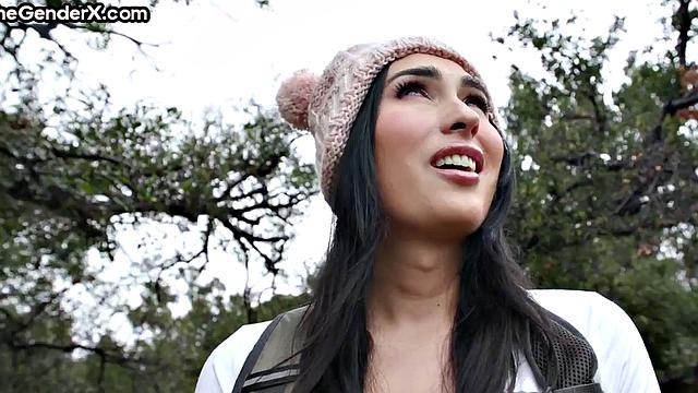 Stunning TS babe riding cock in tent after blowjob