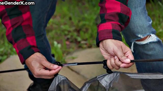 Stunning TS babe riding cock in tent after blowjob