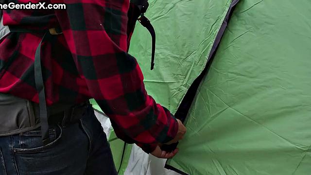 Stunning TS babe riding cock in tent after blowjob