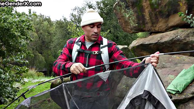 Stunning TS babe riding cock in tent after blowjob