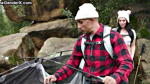 Stunning TS babe riding cock in tent after blowjob