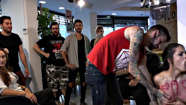 Public deepthroating and licking with golden shower ending