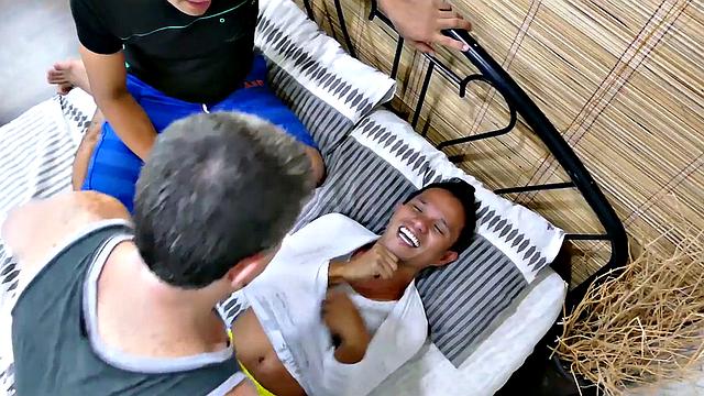 Slim Asian barebacks DILF after being tickled in threeway