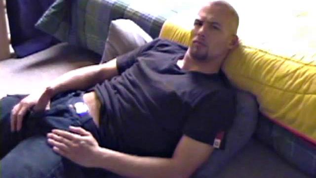 Stephen strokes his cock and cums solo