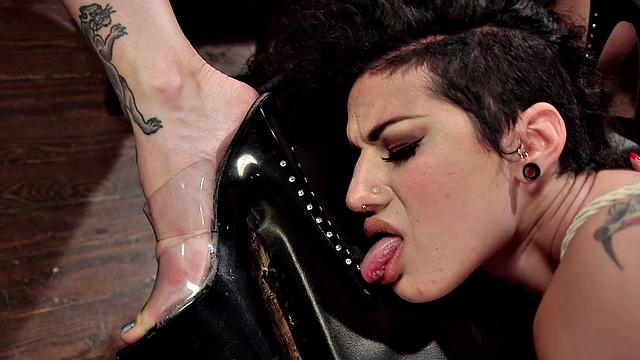 Busty babe gets double penetrated in lesbian bdsm orgy