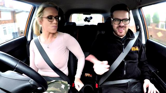 Cardriving babe fingering pussy while pounded by instructor