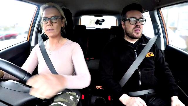 Cardriving babe fingering pussy while pounded by instructor