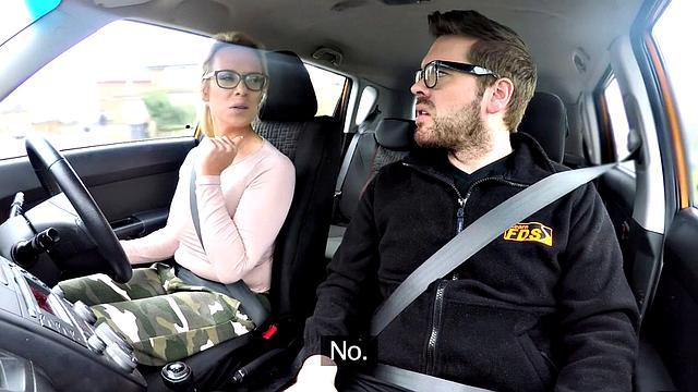 Cardriving babe fingering pussy while pounded by instructor