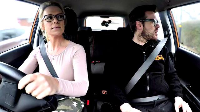 Cardriving babe fingering pussy while pounded by instructor