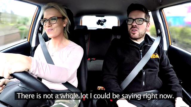 Cardriving babe fingering pussy while pounded by instructor