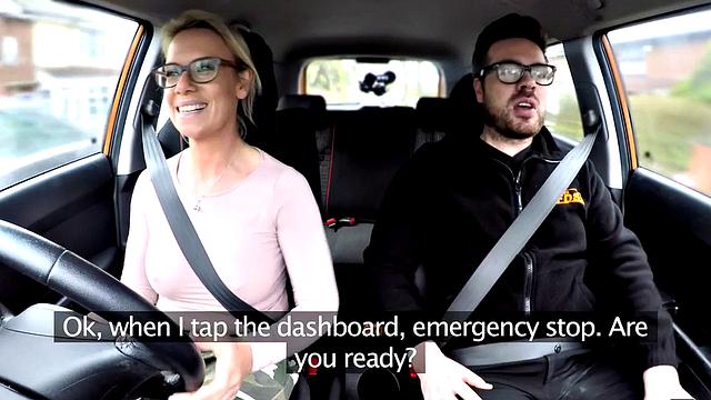 Cardriving babe fingering pussy while pounded by instructor