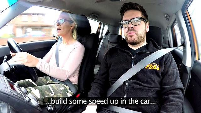 Cardriving babe fingering pussy while pounded by instructor