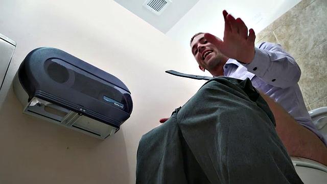 A hot boss pound his hairy cock in the office toilet