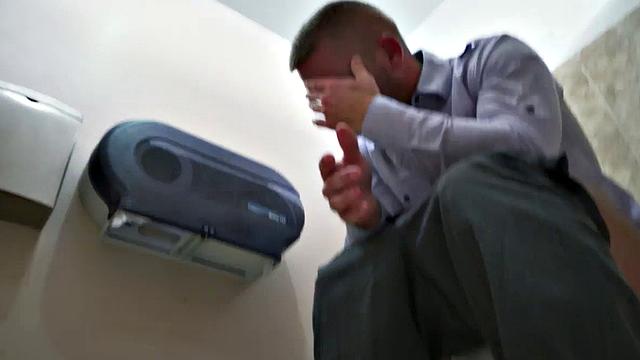 A hot boss pound his hairy cock in the office toilet