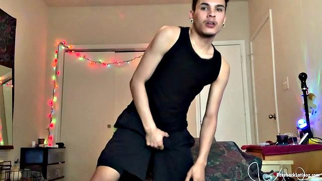 Latin boy Rio Rodriguez parks on a bed and strips to his underwear. After working up a boner, the young man gets naked and shoves a big fat dildo up his butt.