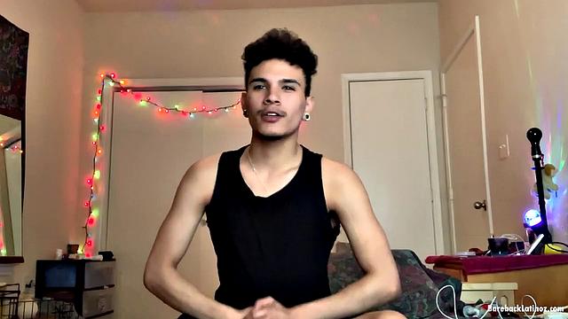 Latin boy Rio Rodriguez parks on a bed and strips to his underwear. After working up a boner, the young man gets naked and shoves a big fat dildo up his butt.