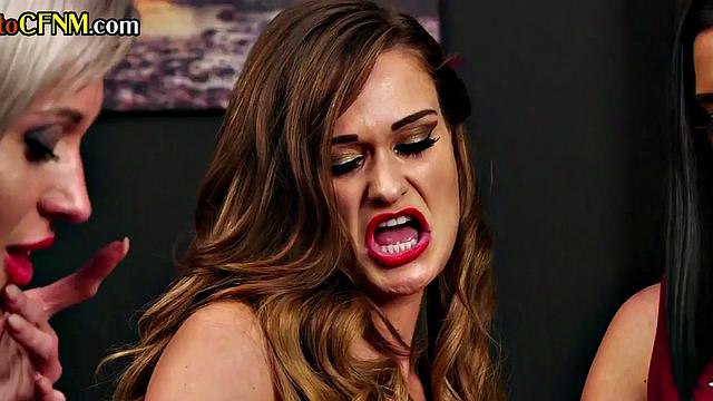 CFNM classy Brit ladies suck lucky cock in a group session