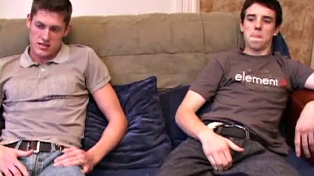 Marc Sterling and Mason Night rub their dicks on the sofa, before Marc goes down on Mason. In no time Marc squirts with Mason's cock in his mouth. Then Mason strokes out onto his own stomach.