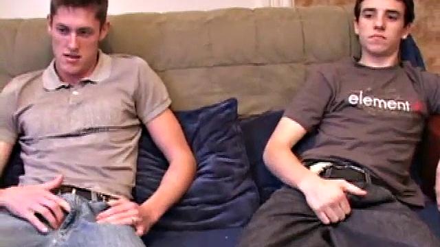 Marc Sterling and Mason Night rub their dicks on the sofa, before Marc goes down on Mason. In no time Marc squirts with Mason's cock in his mouth. Then Mason strokes out onto his own stomach.