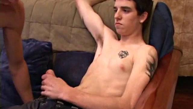 Marc Sterling and Mason Night rub their dicks on the sofa, before Marc goes down on Mason. In no time Marc squirts with Mason's cock in his mouth. Then Mason strokes out onto his own stomach.