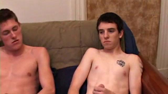 Marc Sterling and Mason Night rub their dicks on the sofa, before Marc goes down on Mason. In no time Marc squirts with Mason's cock in his mouth. Then Mason strokes out onto his own stomach.