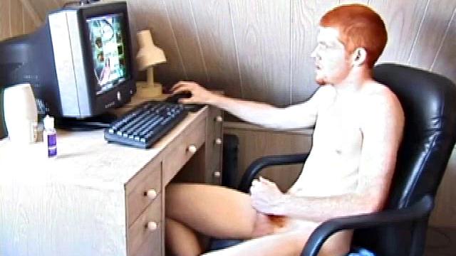 Seated in front of the computer, Tristian pulls out his cock, lubes it up and starts jacking off to the porn video playing. After showing us his butt, and working himself to the edge, Tristian pumps his load onto the computer screen.