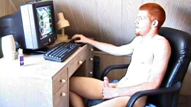 Seated in front of the computer, Tristian pulls out his cock, lubes it up and starts jacking off to the porn video playing. After showing us his butt, and working himself to the edge, Tristian pumps his load onto the computer screen.