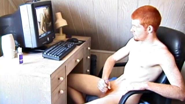 Seated in front of the computer, Tristian pulls out his cock, lubes it up and starts jacking off to the porn video playing. After showing us his butt, and working himself to the edge, Tristian pumps his load onto the computer screen.