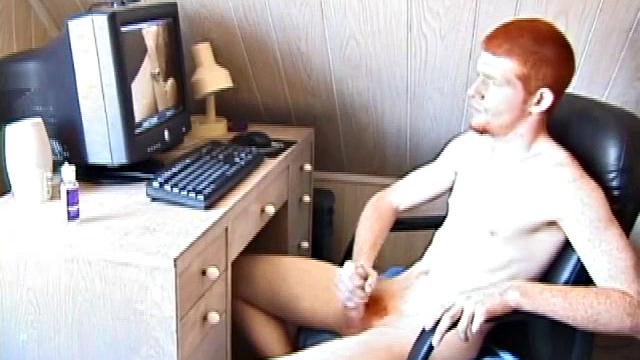 Seated in front of the computer, Tristian pulls out his cock, lubes it up and starts jacking off to the porn video playing. After showing us his butt, and working himself to the edge, Tristian pumps his load onto the computer screen.