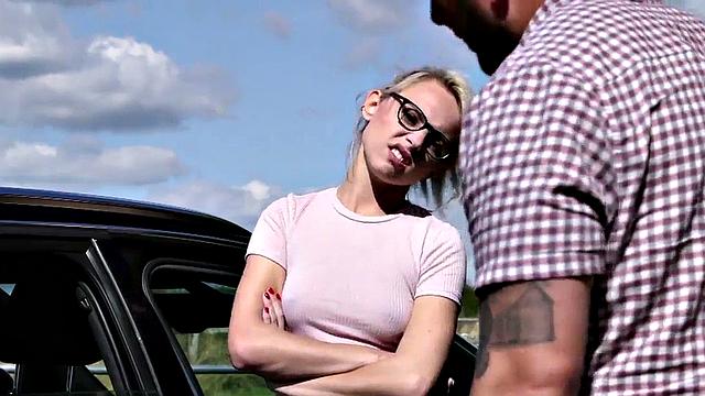 21yo voyeur GF teases her BF who jerks cock outdoor by car