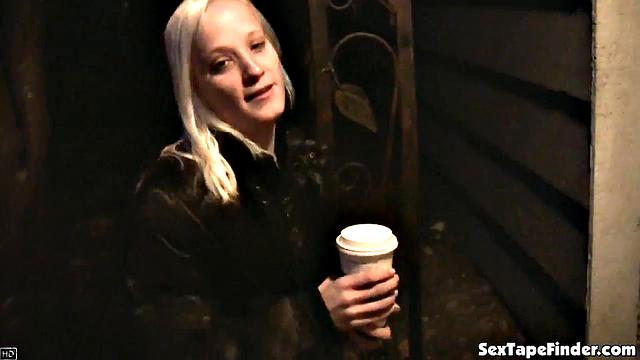 POV blonde teen gives a footjob to hard cock