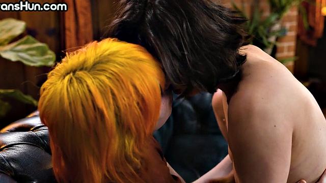 Shemale redhead babe fucks GF after handjob pleasure